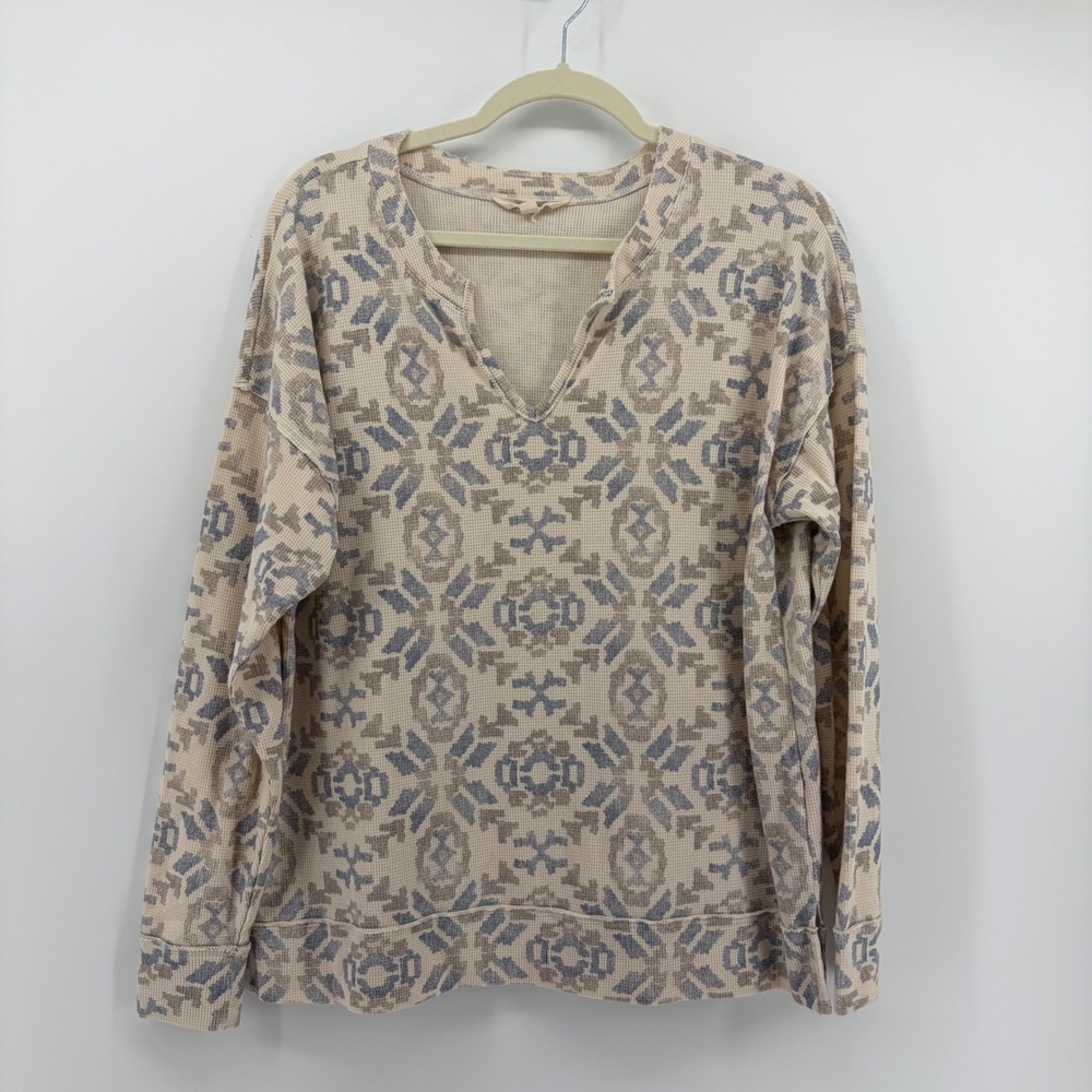 Lucky Brand Womens Medium Beigeโ Blue Waffle Knit Thermal Boho Geometric Top